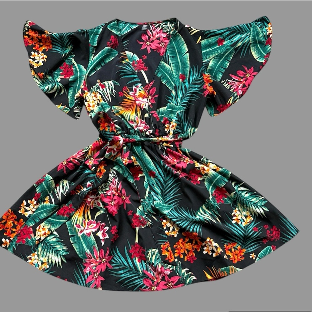 Tropical Floral Dress with Flutter Sleeves